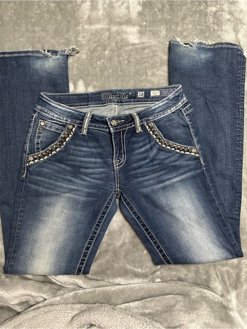 Miss Me Blue Boot Cut Jeans with Jeweled Pocket Trim